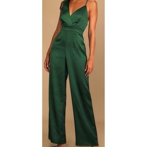 Lulu’s Emerald Green Satin Asymmetrical Wide-Leg Jumpsuit
